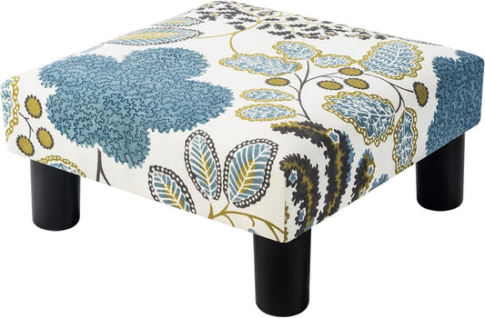 Joveco Small Foot Rest Stool Ottoman, Square Upholstered Fabric Footstool for Couch, Under Desk, Office, Living Room, Blue Floral