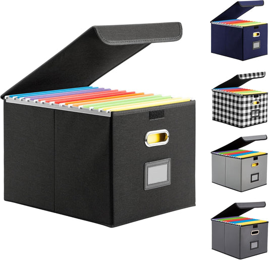 File Organizer Box, Linen Filing Organizer with Lid, Large Desktop File Boxes, Black