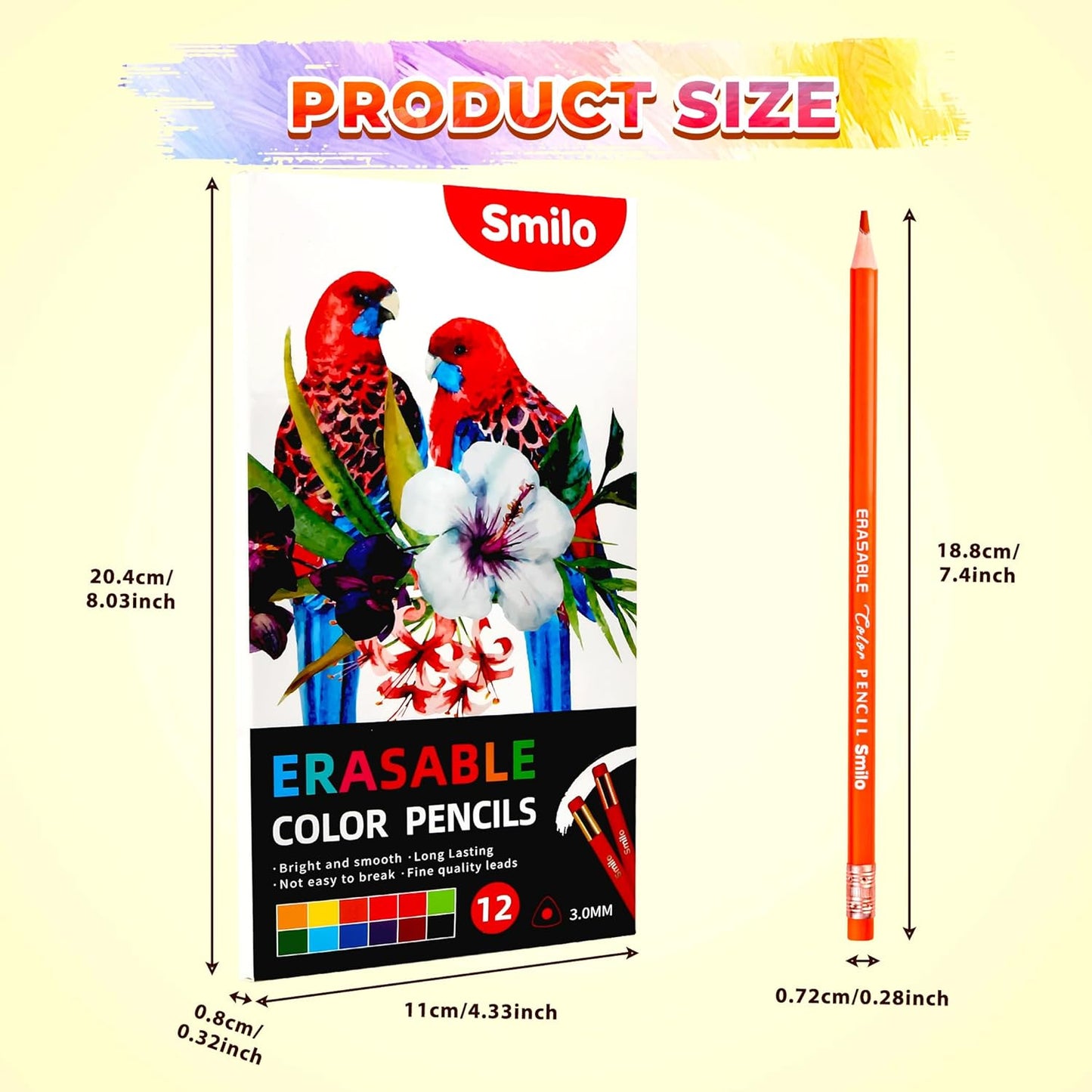 Smilo 12-Count Erasable Colored Pencils with Erasers - Vibrant & Smooth Colors for Drawing, Coloring Books, School Art Projects - Premium Art Supplies for Kids, Adults & DIY Crafts