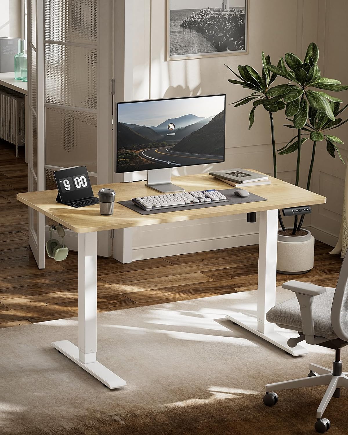 Marsail Electric Standing Desk, Adjustable Height Stand up Desk, 48 x 24 Inches Sit Stand Home Office Desk, Computer Desk, Maple