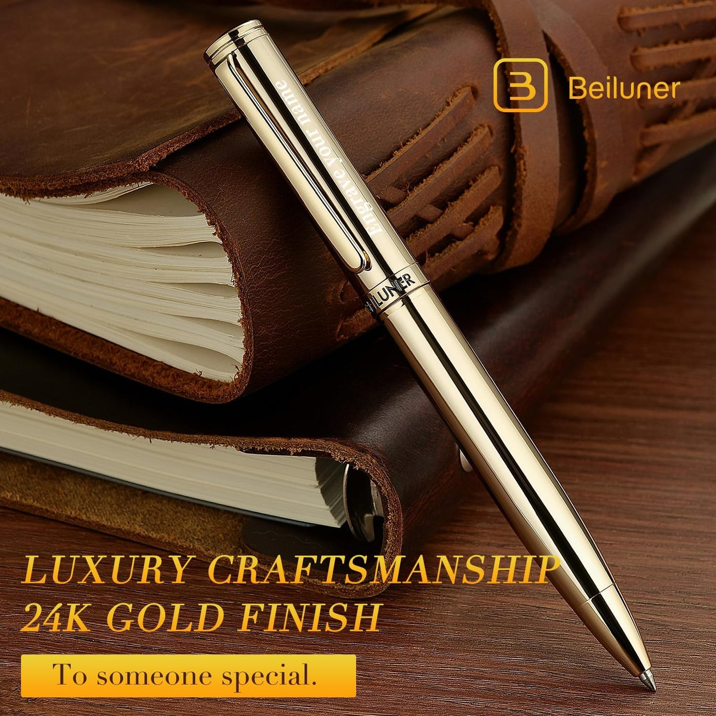 BEILUNER Personalized Gold Gel Pen, Stunning Luxury Pens with 24K Gold Finish, Black Ink Refill, Executive Gift Set for Family & Friends,Writing,Fancy,Office,Retractable, Graduation,Nice Designer Pens