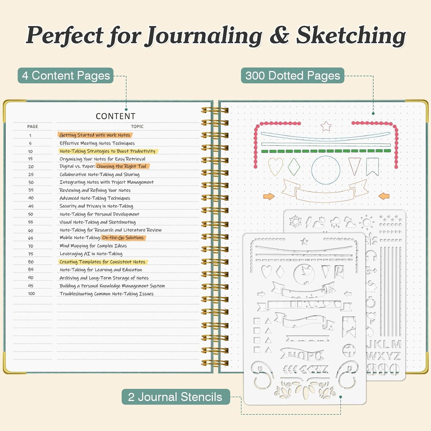 Bullet Dotted Journal Spiral Notebook, 300 Pages Leather Notebooks with Contens, 120 GSM Thick No Bleed Through Paper Journals, A5 Dot Grid Notebook for Women Men School Work Writing, 5.5" x 8", Pink