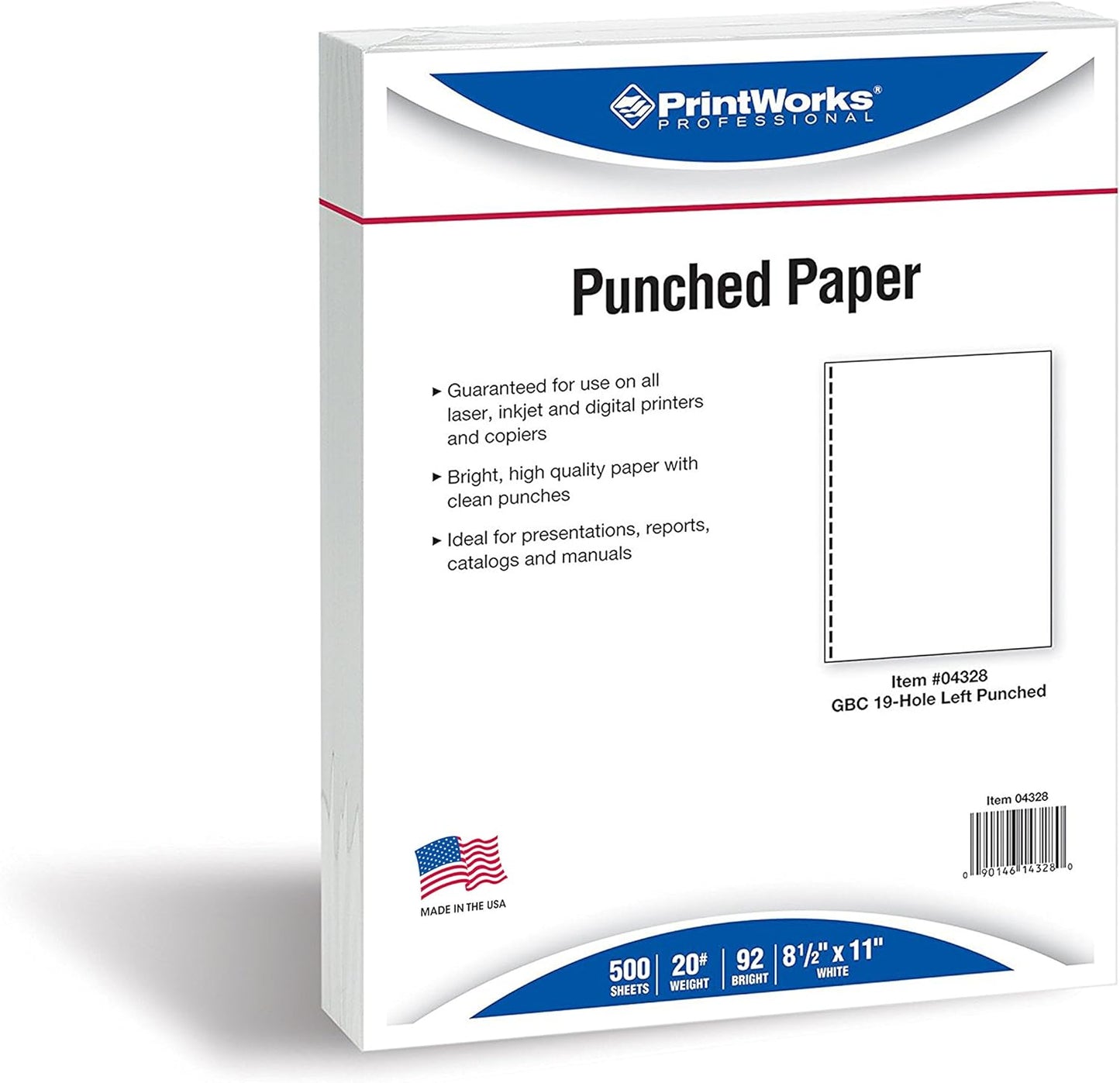 PrintWorks Professional Prepunched Paper, 8.5 x 11, 20 lb, GBC CombBind 19-Hole Punched Report & Presentation Paper, 500 Sheets, White (04328)