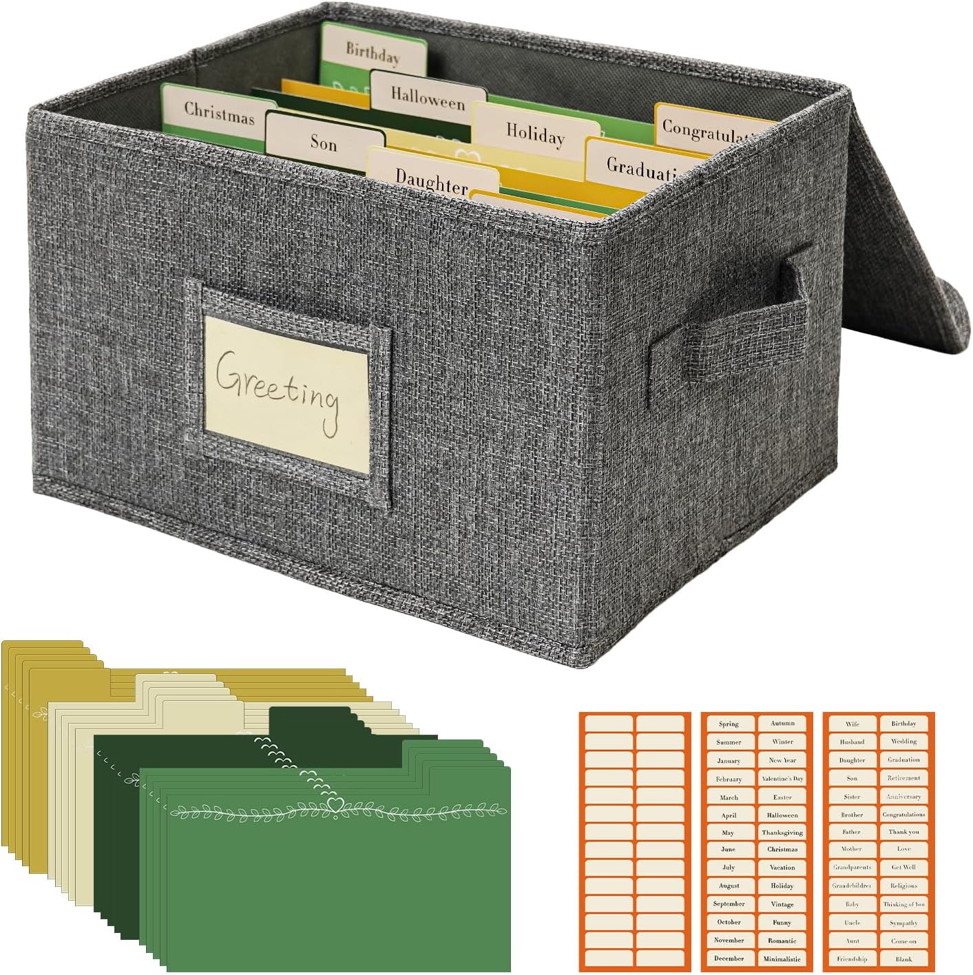 Vienrose Greeting Card Organizer Storage Box with 20 Removable Dividers, 84 Self-stick Labels, Perfect for Photos, Envelopes, Scrapbooking, Paper, Stickers Holder 1 Pack Grey