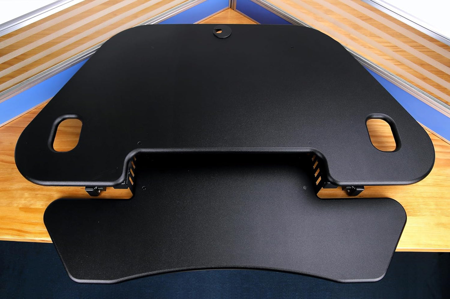 Rocelco 46" Height Adjustable Corner Standing Desk Converter with AC Outlet and USB Charger - Sit Stand Up Dual Monitor Tabletop Riser Workstation - Large Keyboard Tray - Black (R CADRB-46-ACUSB)