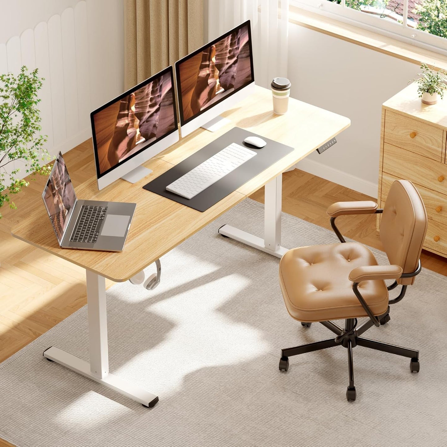 Adjustable Standing Desk, 63x24 Inches Home Office Desk with Memory Preset Computer Workstation Maple Top + White Frame