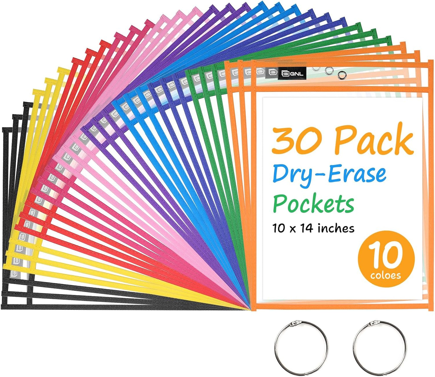 GNL Dry Erase Pocket Sleeves 30 Packs, Reusable Clear Plastic Ticket Holders with Rings, Durable & Easy-to-Erase Sheet Protectors, Assorted Colors 10x14 Inch for Classroom & School Teacher Supplies