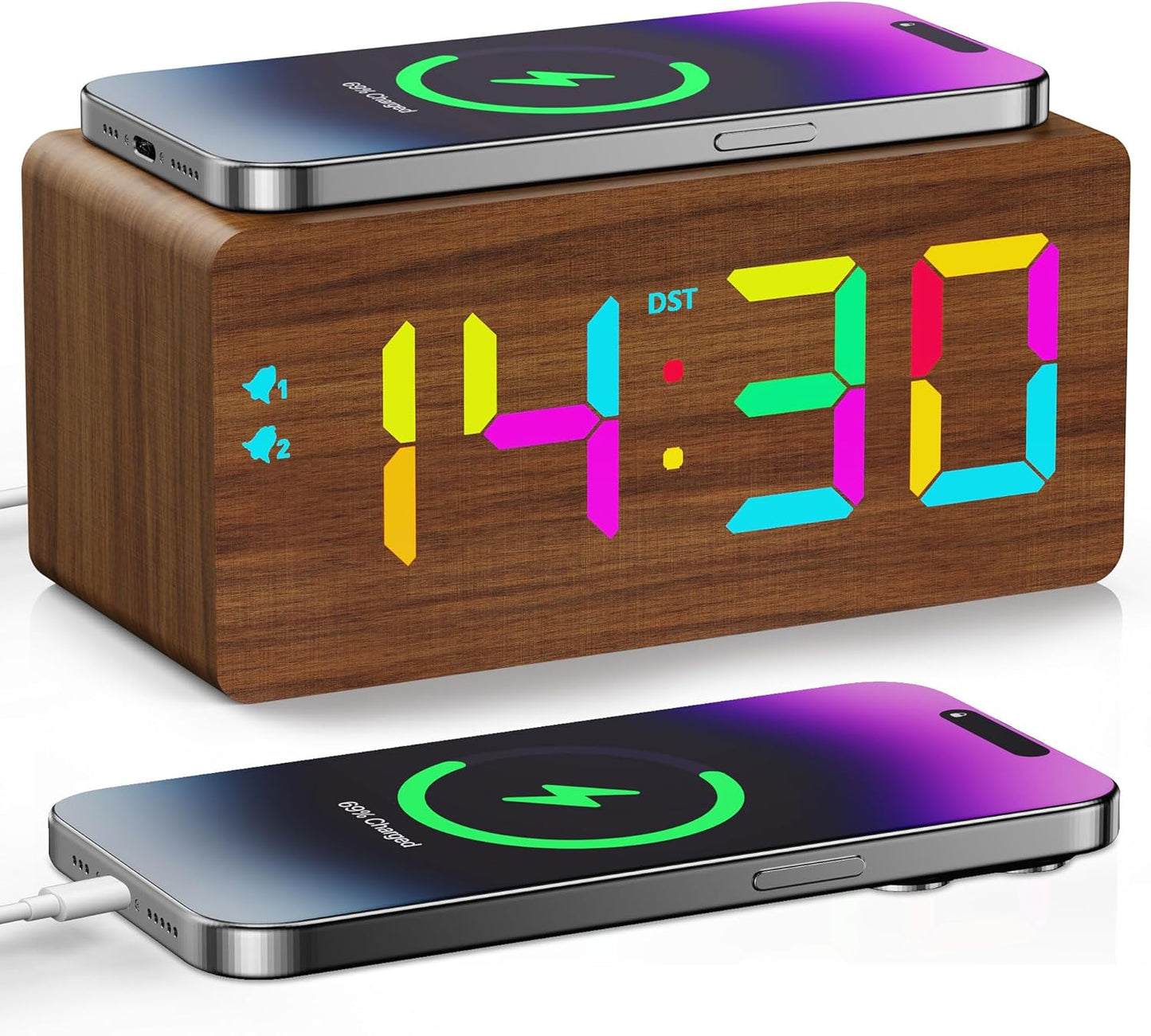 Wooden Digital Alarm Clock with Fast Wireless Charger, Dual USB Charging Ports, DST, Dimmable, Snooze, RGB Large Number Display LED Clock for Bedrooms, Living Room, Desk, Table, Bedside(Brown)