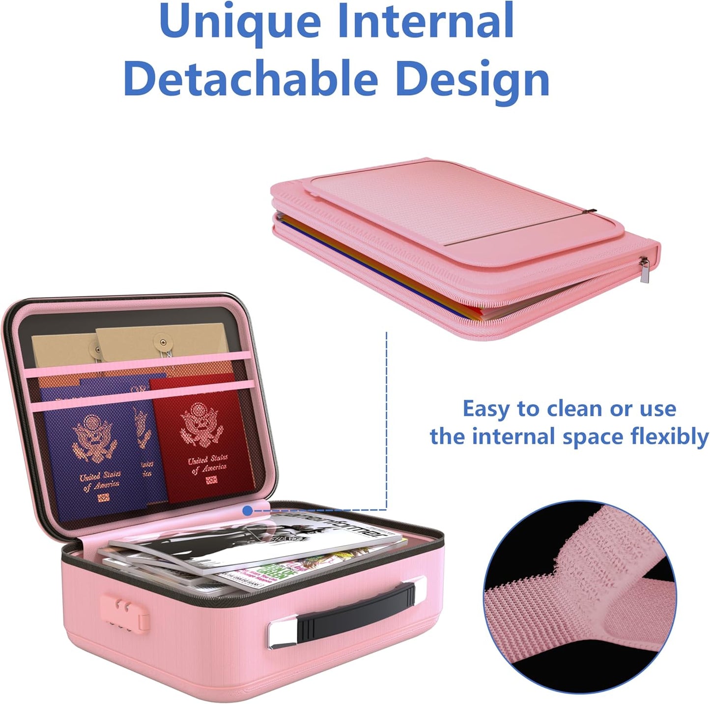 TIGERKING Fireproof Document Box Hard Case with Water-Resistant Zipper, Fireproof File Box with Lock, Document Safe Boxs for Important Documents, Certificates - Pink File Organizer