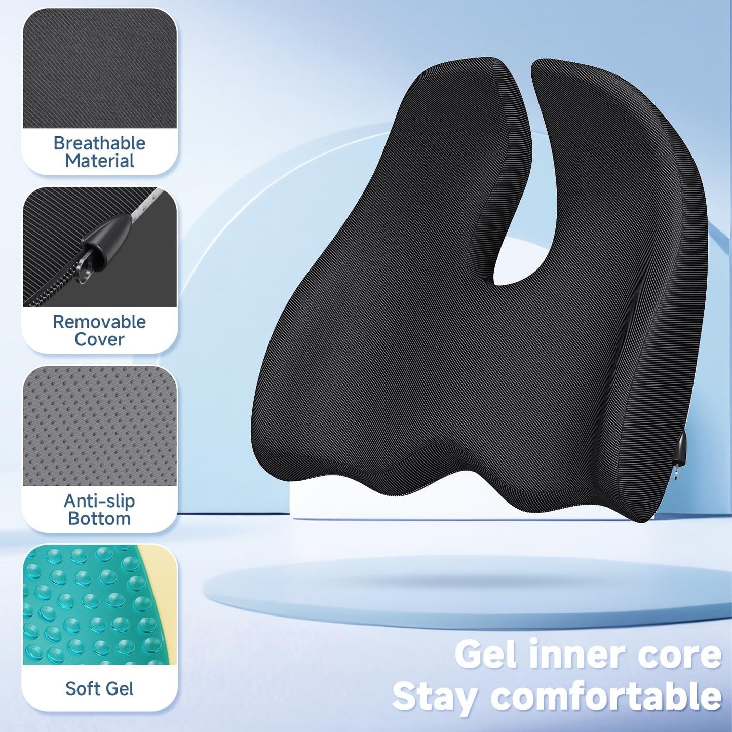 Benazcap Gel Seat Cushion for Office Chair Ergonomic Cushions-Gel & Memory Foam Coccyx Butt Pillow for Sciatica & Back Pain Relief for Long Sitting for Gaming Chair and Car Seat-Black