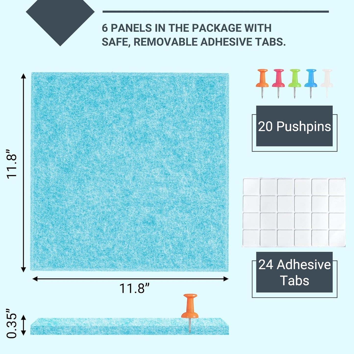 AKTOP Cork Board Bulletin Board 24"x36", 6 Pack Removable Felt Cork Board Tiles for Wall, Large Corkboard Notice Pin Board for Office, School & Home,24 Safe Adhesive Tabs, 20 Push Pins, Baby Blue