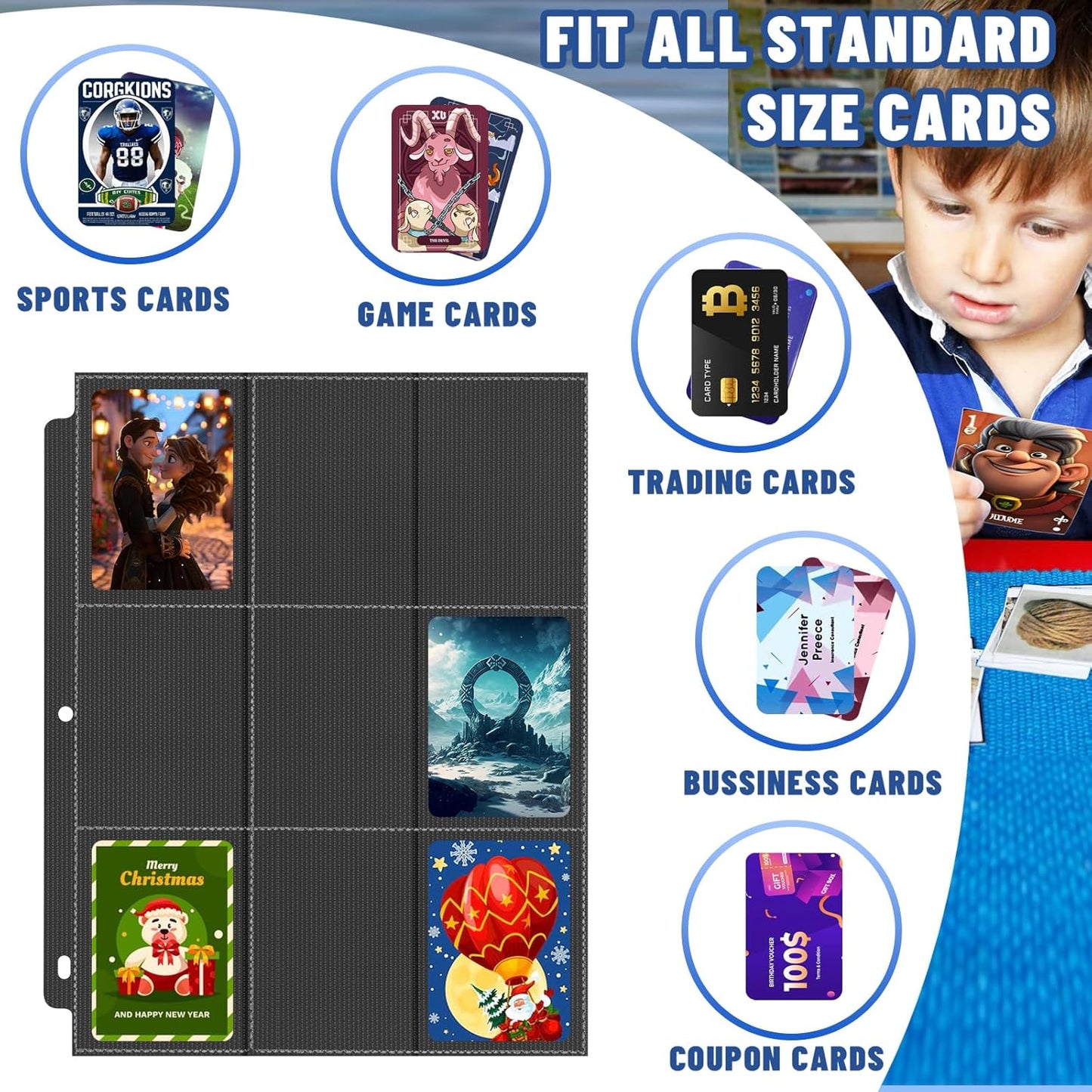 450 Pockets Trading Card Sleeves Binder, Baseball Card Binder Sleeves fit for Game Cards, Standard Size Sports Card, 3 Ring Binder Card Holder Protector