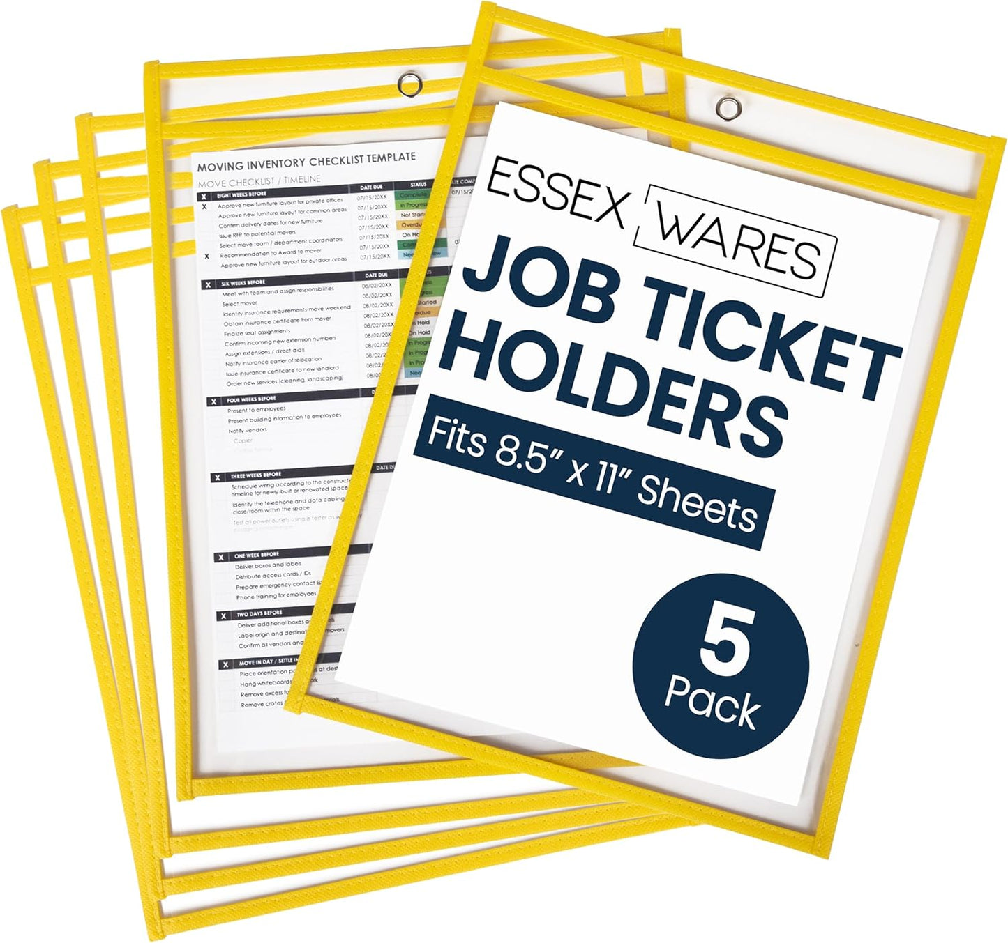 Essex Wares - 5 Pack, Yellow, Job Ticket Holders, 10" Wide x 13.5" Tall - Clear Plastic Shop Ticket Holders - Easy to Use, Reusable & Easy Erase Plastic Invoice Holders, Water-Resistant & Durable