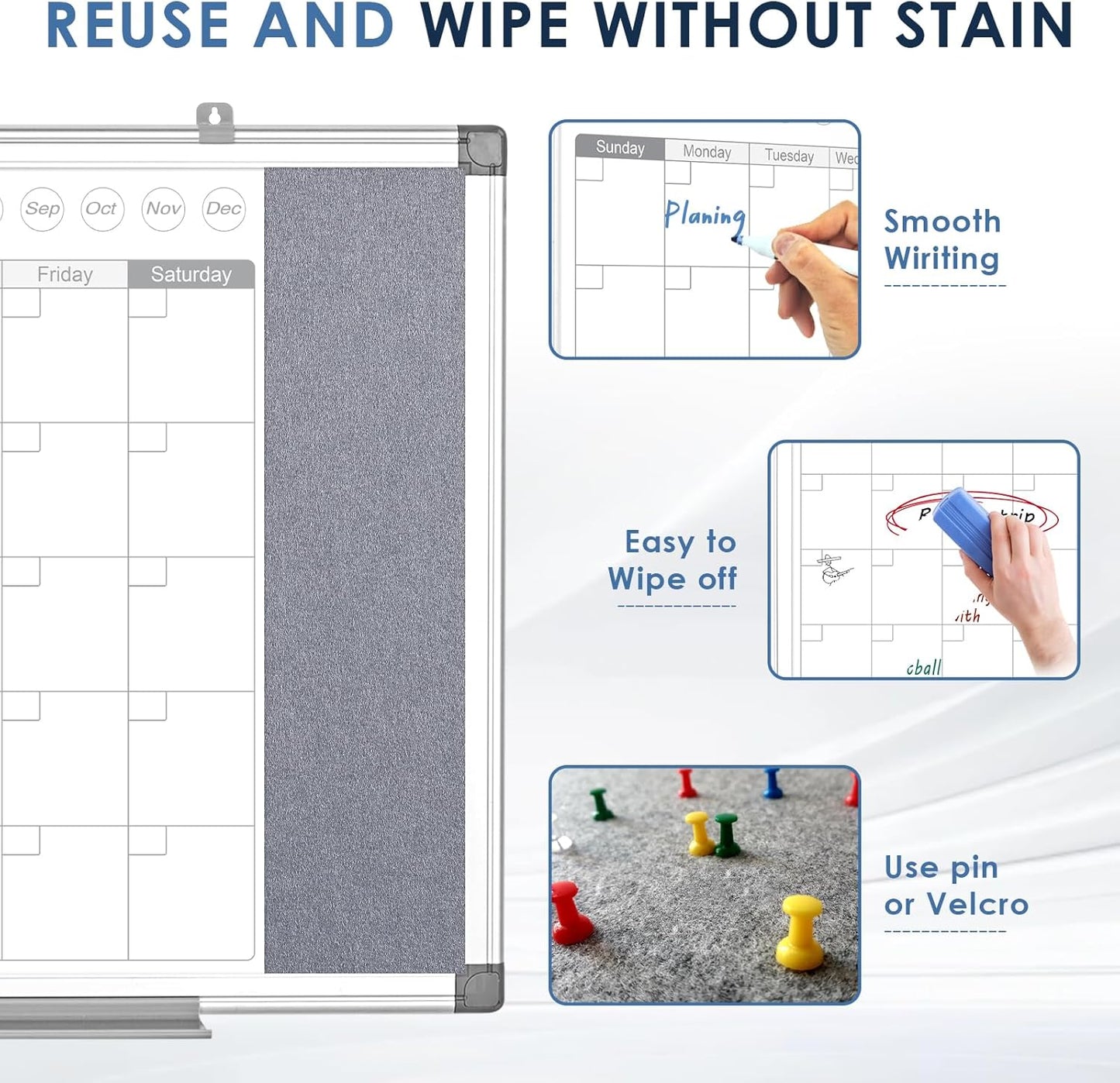 MAKELLO Dry Erase Calendar for Wall 24x18 in, Whiteboard Calendar and Grey Felt Board Combo for Office Home School