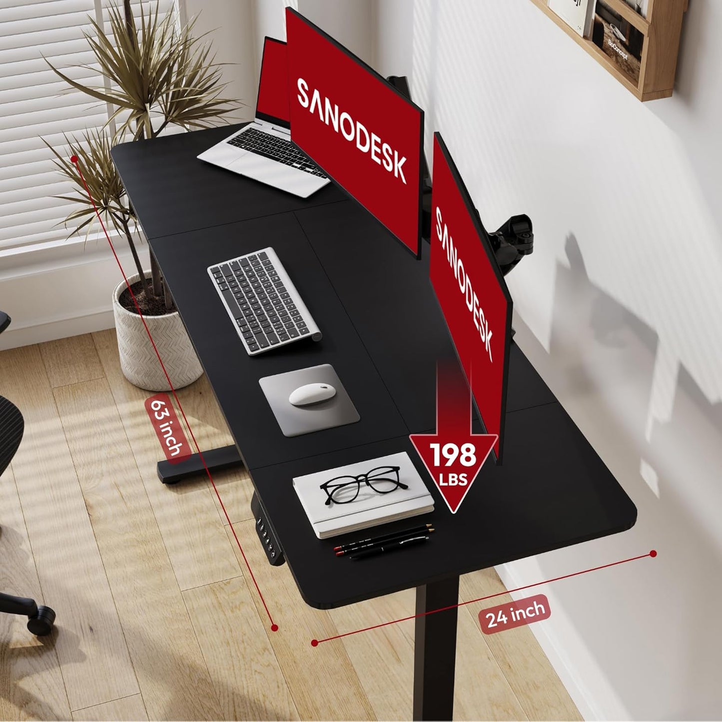 SANODESK Electric Standing Desk 63x28 Inch Height Adjustable Stand Up Desk Home Office Computer Workstation Sit Stand Home Office Desk with Splice Board (Black Frame + Black Top)