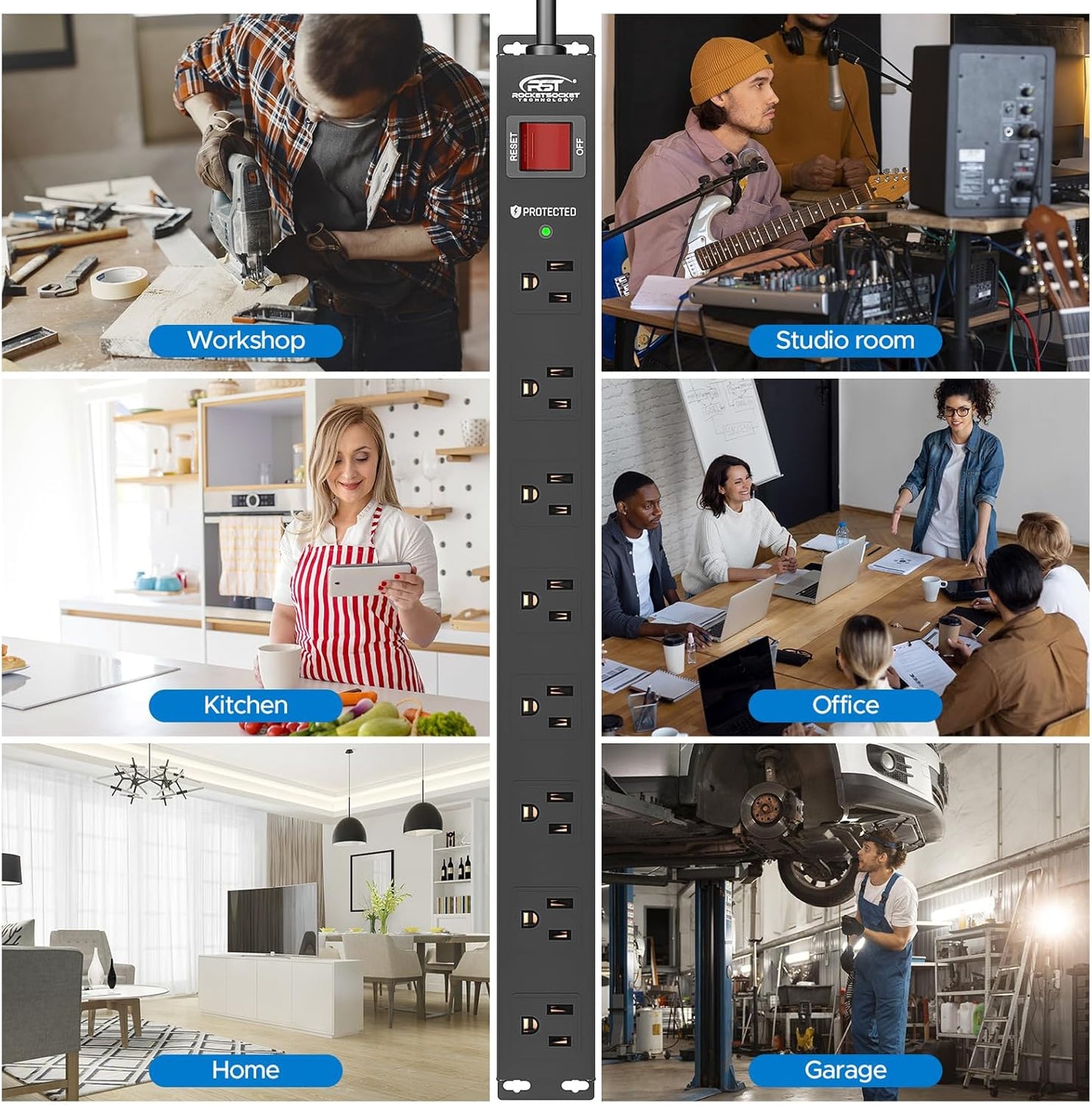 CRST 8 Outlet Metal Heavy Duty Power Strip, 2100J Surge Protector, 6FT Cord Mountable Wide Spaced Industrial Power Strip,15A/1875W