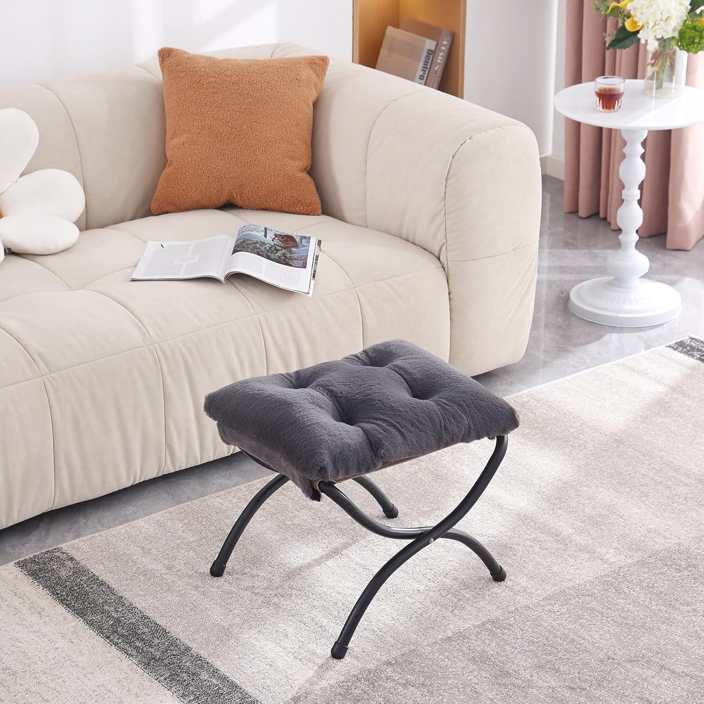 LITA Folding Upholstered Footrest Stool, Modern Small Portable Accent Ottoman with Detachable Thick Cotton Cushion Padded Sofa Stool with Metal Frame for Lazy Chair, Living Room & Bedroom