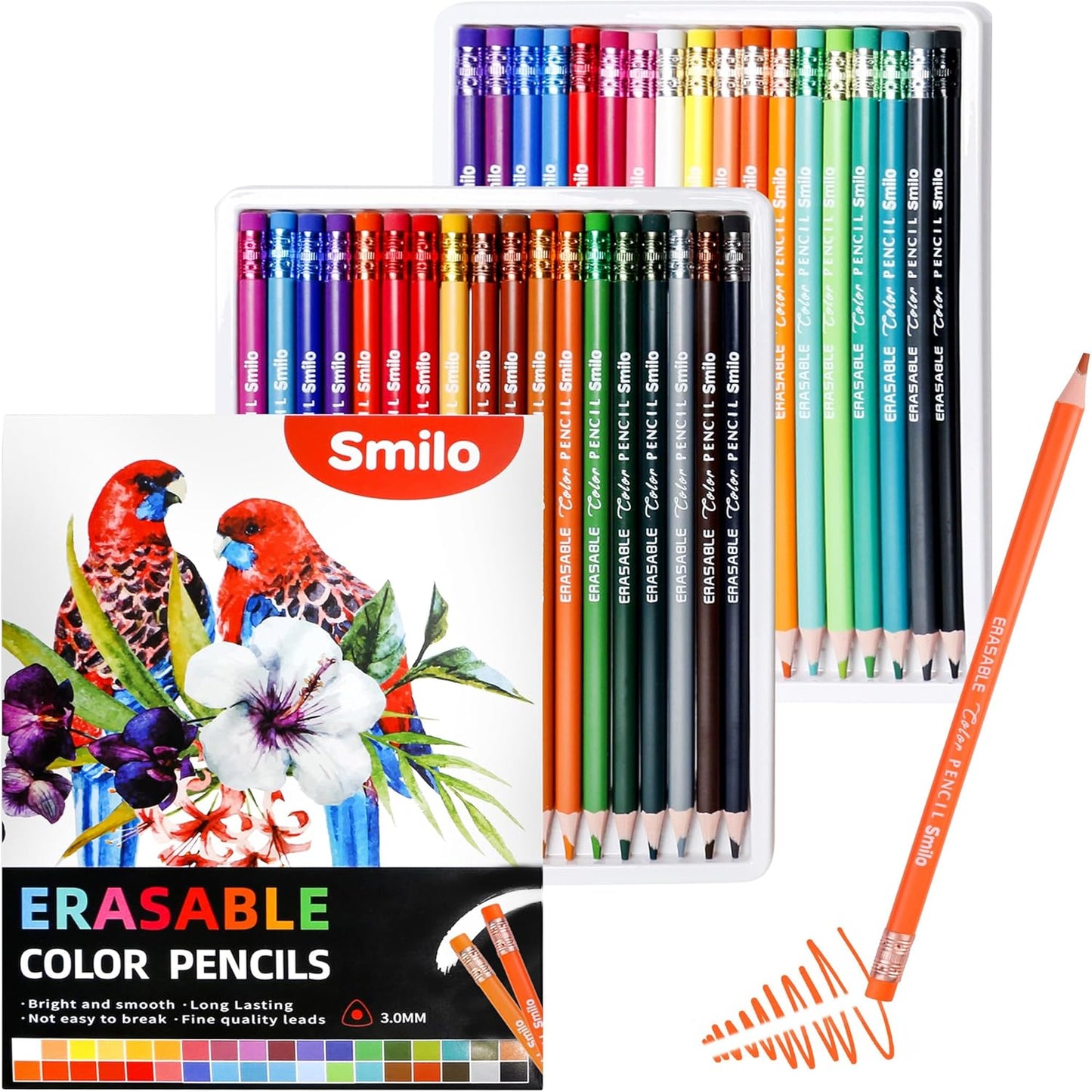 Smilo 36-Count Erasable Colored Pencils with Erasers - Vibrant & Smooth Colors for Drawing, Coloring Books, School Art Projects - Premium Art Supplies for Kids, Adults & DIY Crafts