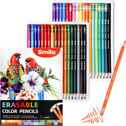 Smilo 36-Count Erasable Colored Pencils with Erasers - Vibrant & Smooth Colors for Drawing, Coloring Books, School Art Projects - Premium Art Supplies for Kids, Adults & DIY Crafts