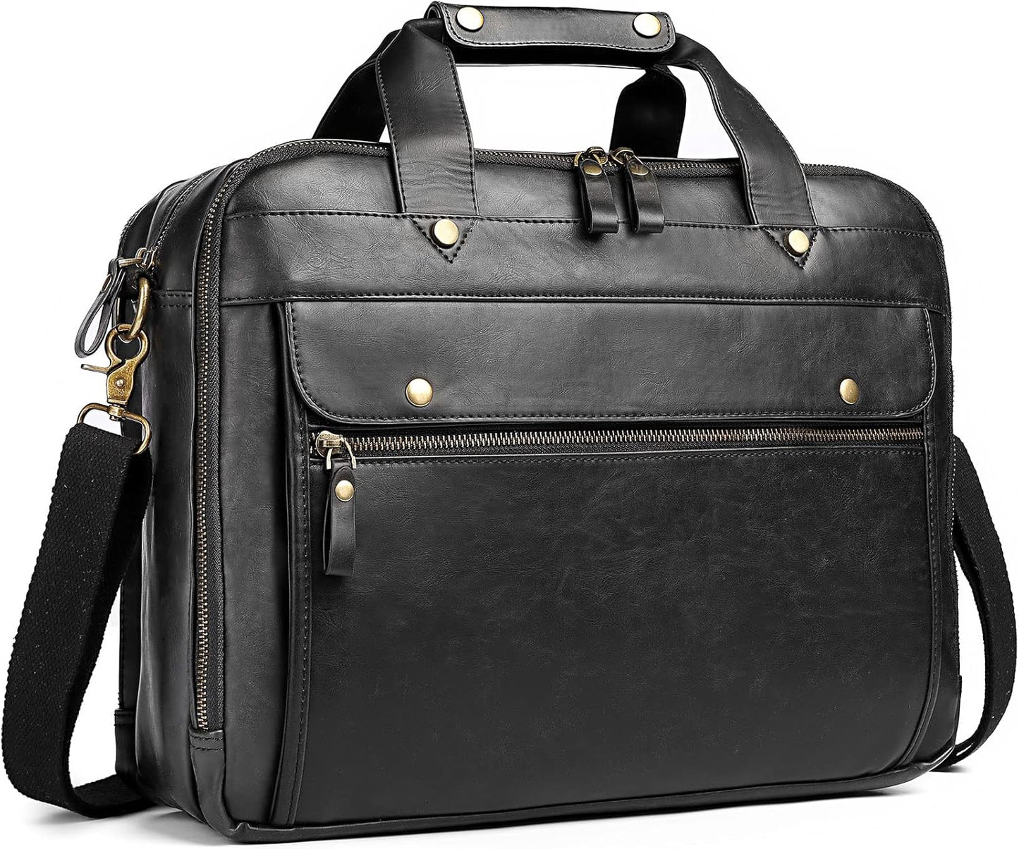 Leather Briefcases for Men 15.6 Inch Laptop Messenger Bag with Triple Compartments Water-Resistant Computer Shoulder Bag for Business, Travel, Work, Office, Black