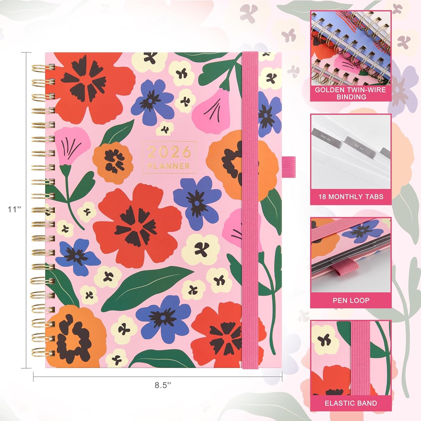 And Per Se 2026 Planner with Pattern, A4 Size-Daily, Weekly & 18-Monthly Leather Hardcover Planner, Daily Schedule, Monthly Tabs, 100 GSM Thick Paper(Elegant Florals)