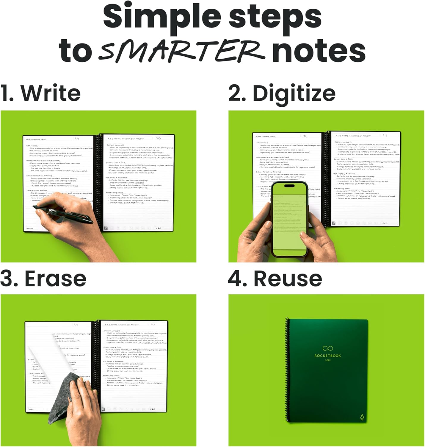 Rocketbook New Core Reusable Spiral Notebook, Letter Size 8.5x11, Green - Lined Pages, App-Connected, Erasable, Durable Cover, Ideal for School, Work, and Creative Projects