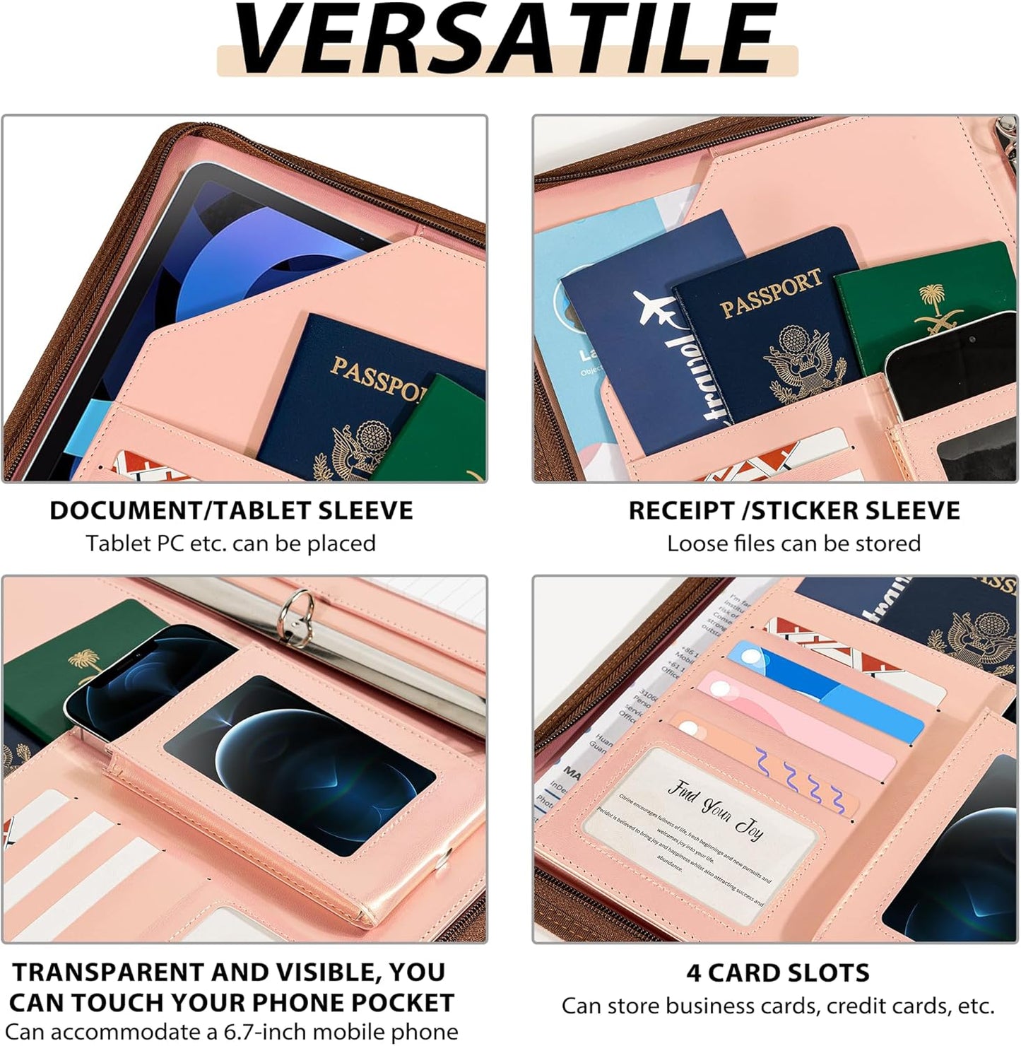 Leather Clipboard with Storage, Zippered Padfolio Portfolio Organizer, 3 Ring Binder 1 Inch, Notepad, Tablet Sleeve, 5 Dividers with Pocket, Stickets for Office, Nurses, Students, Teachers Rose Gold