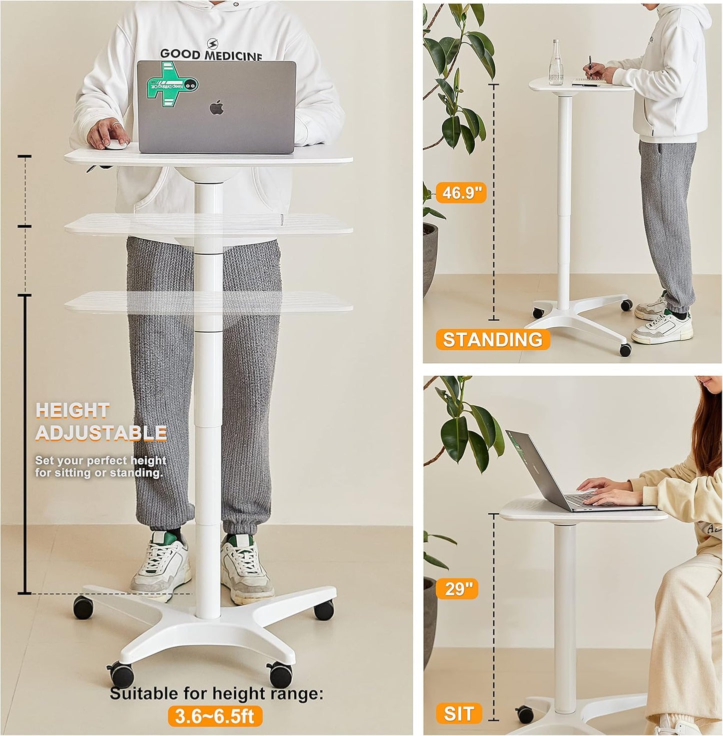 47" Mobile Standing Desk(26" W*19.3" D), Adjustable Height Laptop Desk, Pneumatic Desk with Gas Spring Riser, Podium for Home, Office，Classroom，Medical, (29" to 46.9" H) (White)