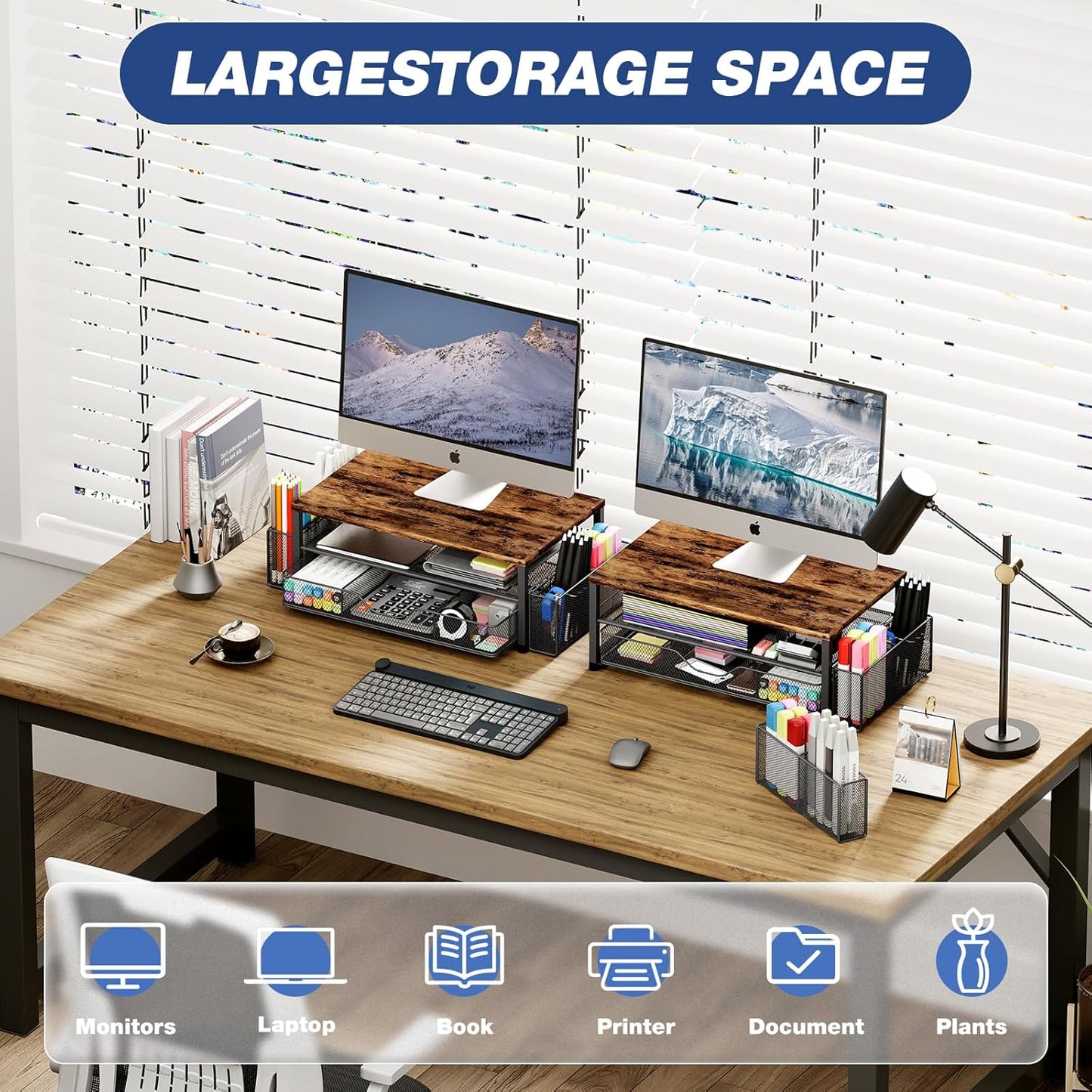 Desk Organizers and Accessories, 2-Tier Computer Monitor Stand Riser with Drawer and 2 Pen Holders, Laptop Stand, Office Desk Accessories for Office Supplies, Brown