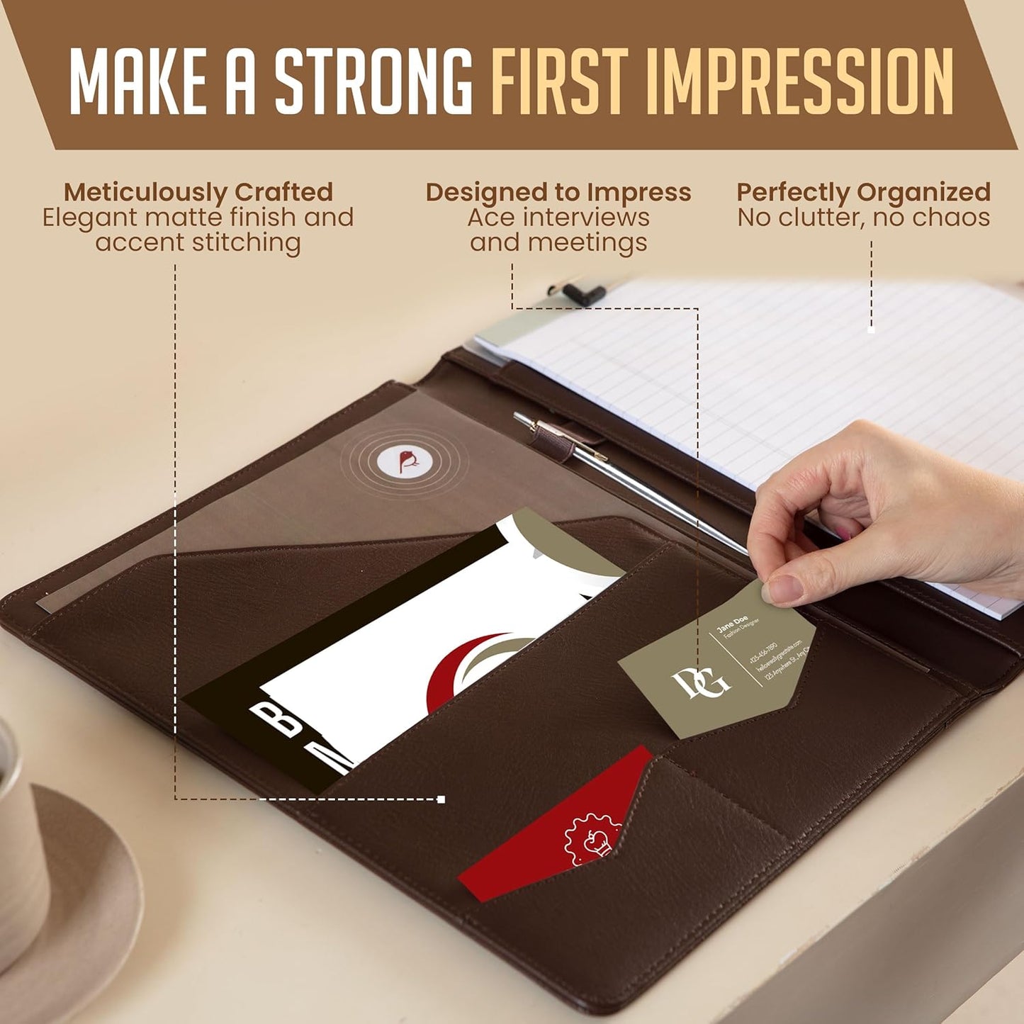 STYLIO Padfolio Folder with Removable Clipboard | Walnut (Brown) Color| Portfolio Organizer | Binder with Storage for Notebook, Notepad | Nursing Clipboard Folio | Vegan Leather