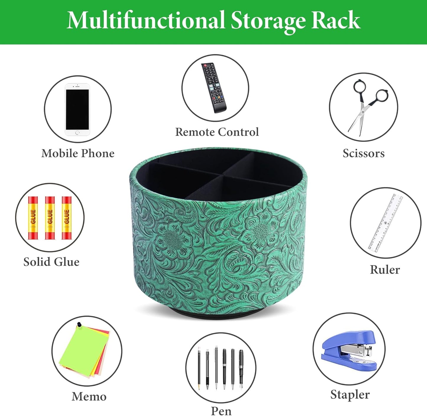 lizimandu Round Leather Art Supply Organizer,Remote Control Holder,360 Degree Spinning,Multi-Functional Pencil Holder,4 Compartments Desktop Stationary Organizer(1-Carved Green)