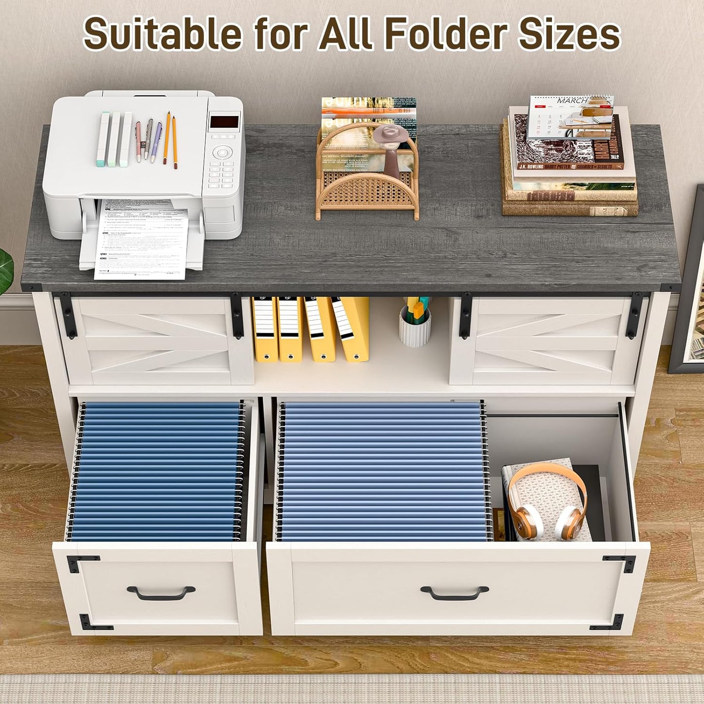 Lateral File Cabinets 2 Drawer with Sliding Barn Doors, Farmhouse Filing Cabinet with 2 Drawer for Home Office，Filing Organization Storage Cabinets for Hanging Files Letter/Legal/F4/A4.(Dark Grey.)