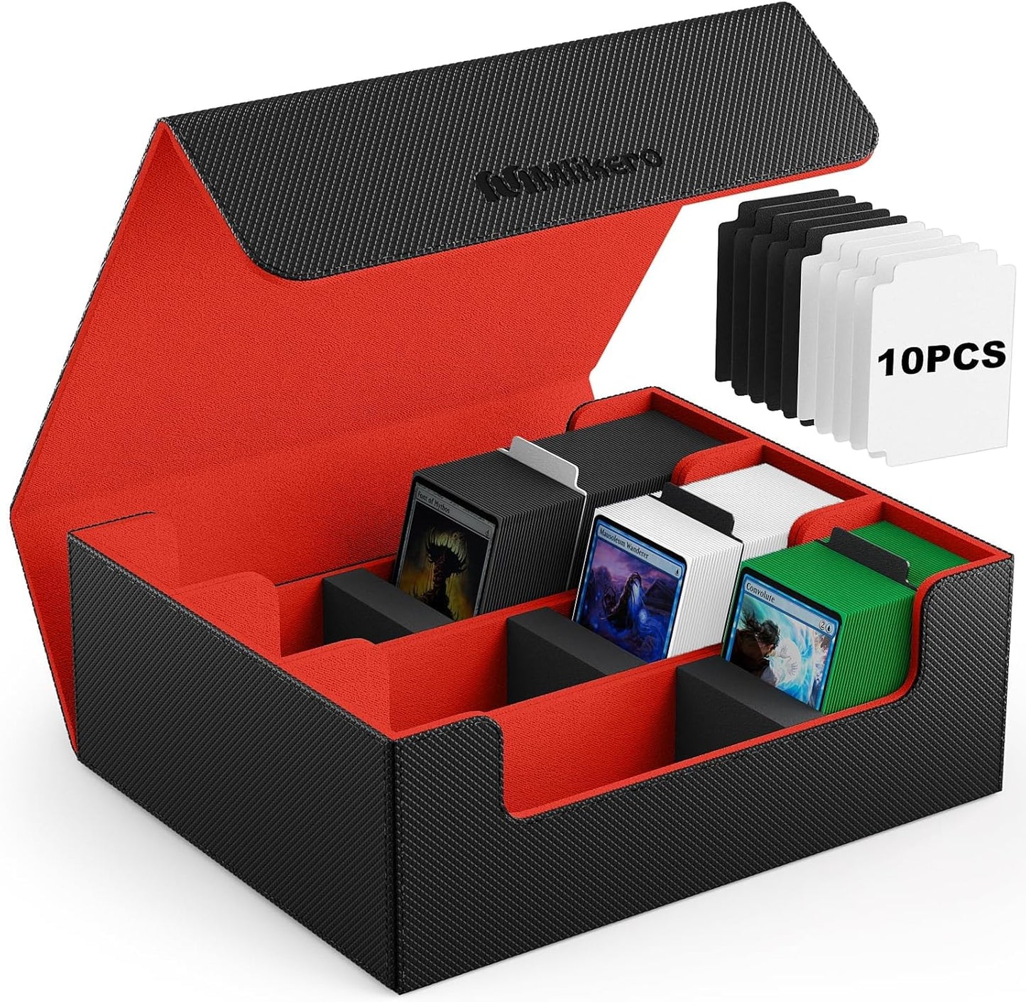 Mlikero Card Deck Case, 1800+ Trading Card Storage Box with 10 Dividers and 3 Foam Stoppers, Leather Magnetic Closure Commander Deck Box Fit for YuGiOh, MTG and Sport Cards(Black&Red)