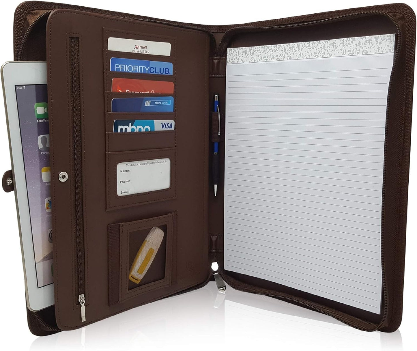 Dark Brown Zippered Portfolio Binder - PU Leather Business Portfolio Organizer - Padfolio for Men & Women with US Letter Notepad, 10.5 Inch Tablet Pocket & Gift Box by Lautus Designs