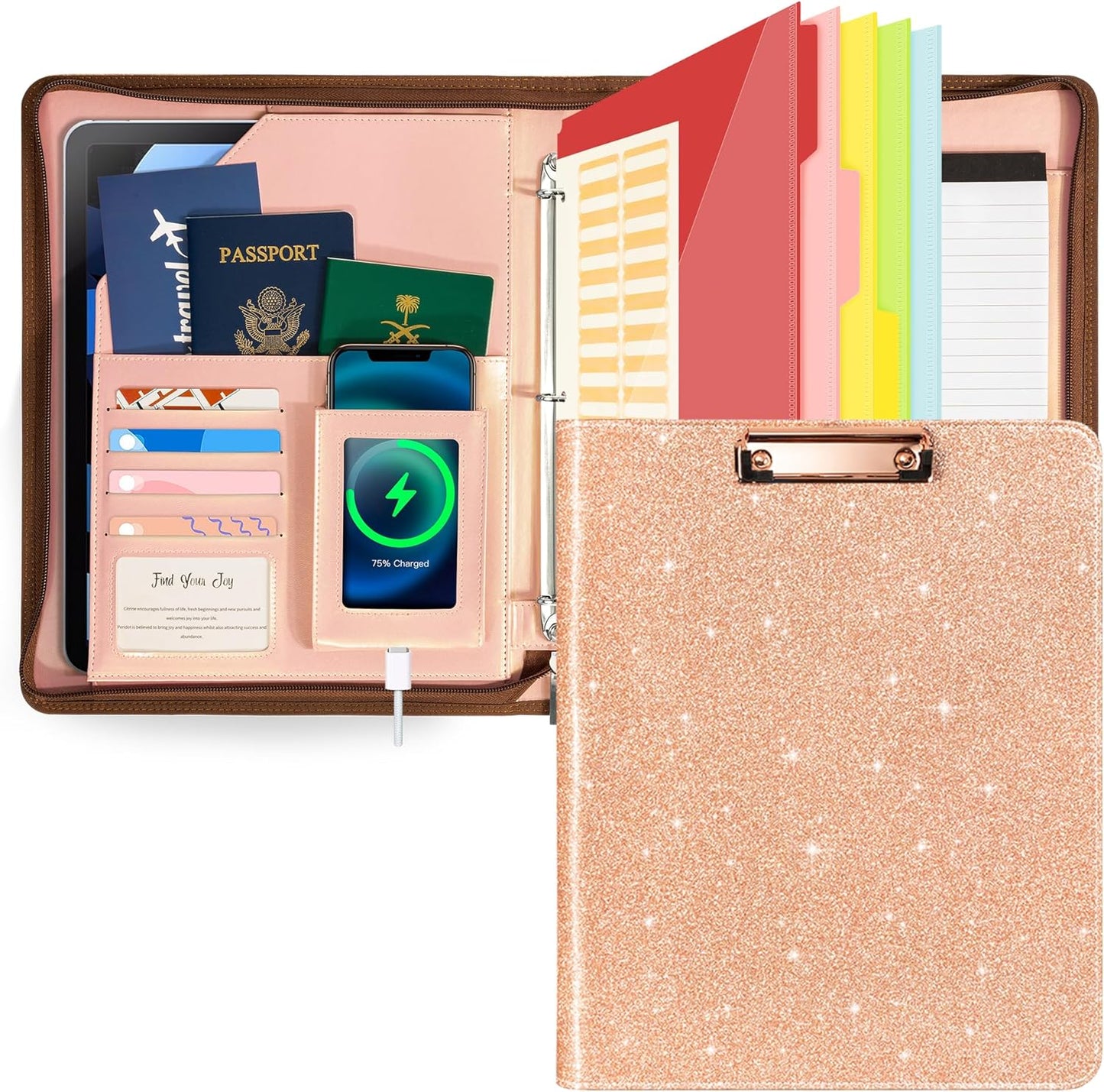 Leather Clipboard with Storage, Zippered Padfolio Portfolio Organizer, 3 Ring Binder 1 Inch, Notepad, Tablet Sleeve, 5 Dividers with Pocket, Stickets for Office, Nurses, Students, Teachers Rose Gold