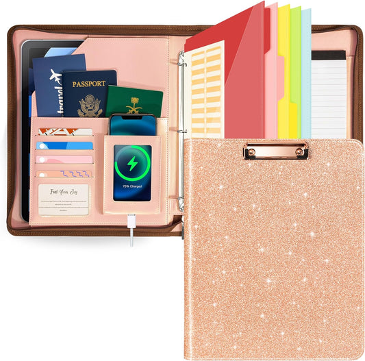 Leather Clipboard with Storage, Zippered Padfolio Portfolio Organizer, 3 Ring Binder 1 Inch, Notepad, Tablet Sleeve, 5 Dividers with Pocket, Stickets for Office, Nurses, Students, Teachers Rose Gold
