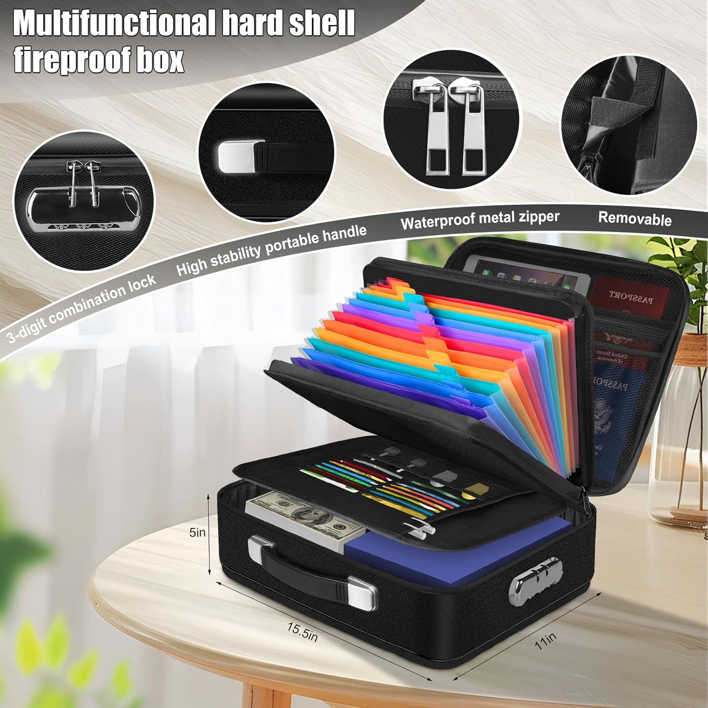 Fireproof Document Box, Hard Shell Fireproof Box, Document Organizer with Lock, Fireproof Water Resistant box, Portable Documents Safe Box for Important Document Certificates, Laptop, Passports, Black