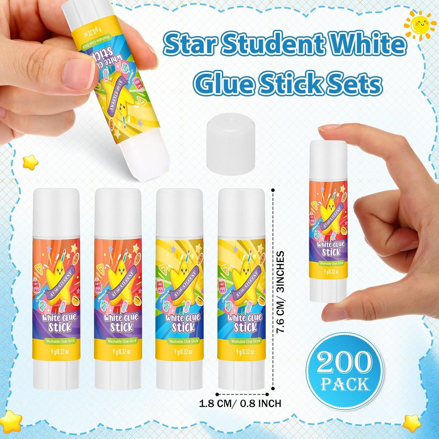 Zubebe 200 Pcs White Glue Stick Bulk Back to School Gifts First Day Sets 0.32 oz Washable Glue Stick for Crafts Home Classroom Prize Party Supplies Scrapbooking Crafting Supplies (Star)
