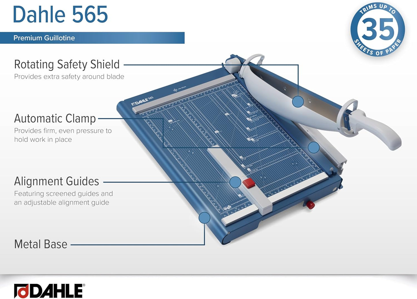 Dahle 565 Premium Guillotine Trimmer, 15" Cut Length, 35 Sheet Capacity, Self-Sharpening Blade, Automatic Clamp, w/Safety Guard