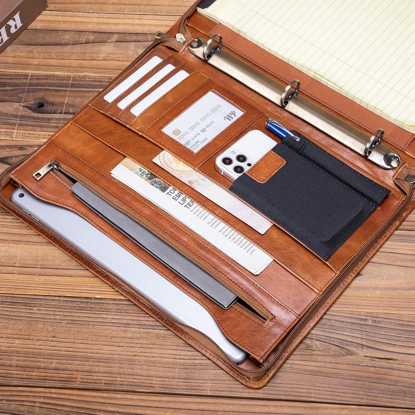 Genuine Leather Portfolio with 3 Ring Binder, Full Grain Leather Padfolio Zippered, A4 Notebook Holder Laptop Sleeve Professional Folder Organizer Gift for Men and Women, Brown, Oil Tanned