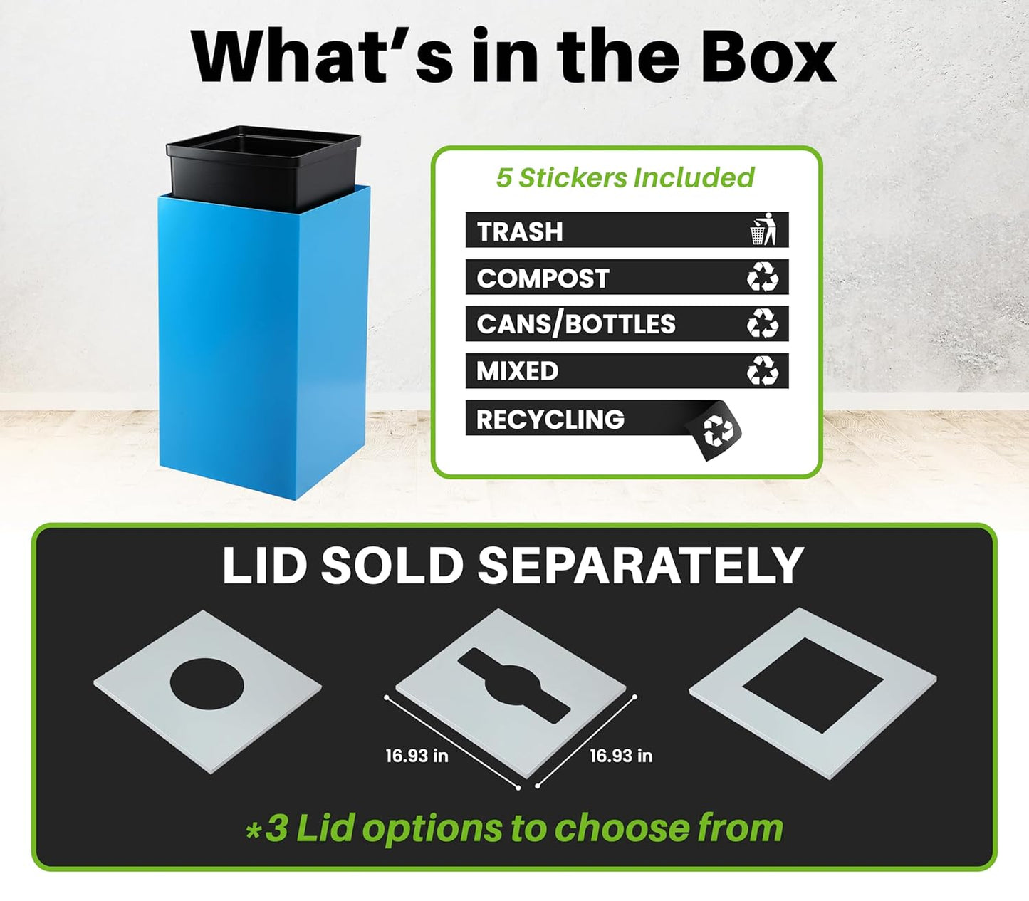 Alpine Commercial Indoor Recycle Bin with Lid - 29 Gallon Blue Recycle Bin Recycle Trash Can Office Recycling Bins, Metal Recycling Container with Stickers & 3 Optional Lids Sold Separately