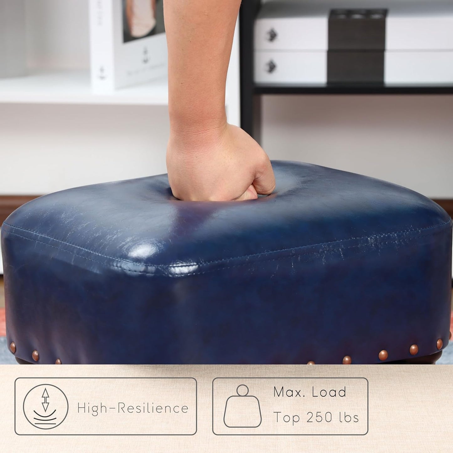 Ottoman Leather Foot Rest with Thicker Foam Padded Seat, Footstool with Wooden Legs (Blue)