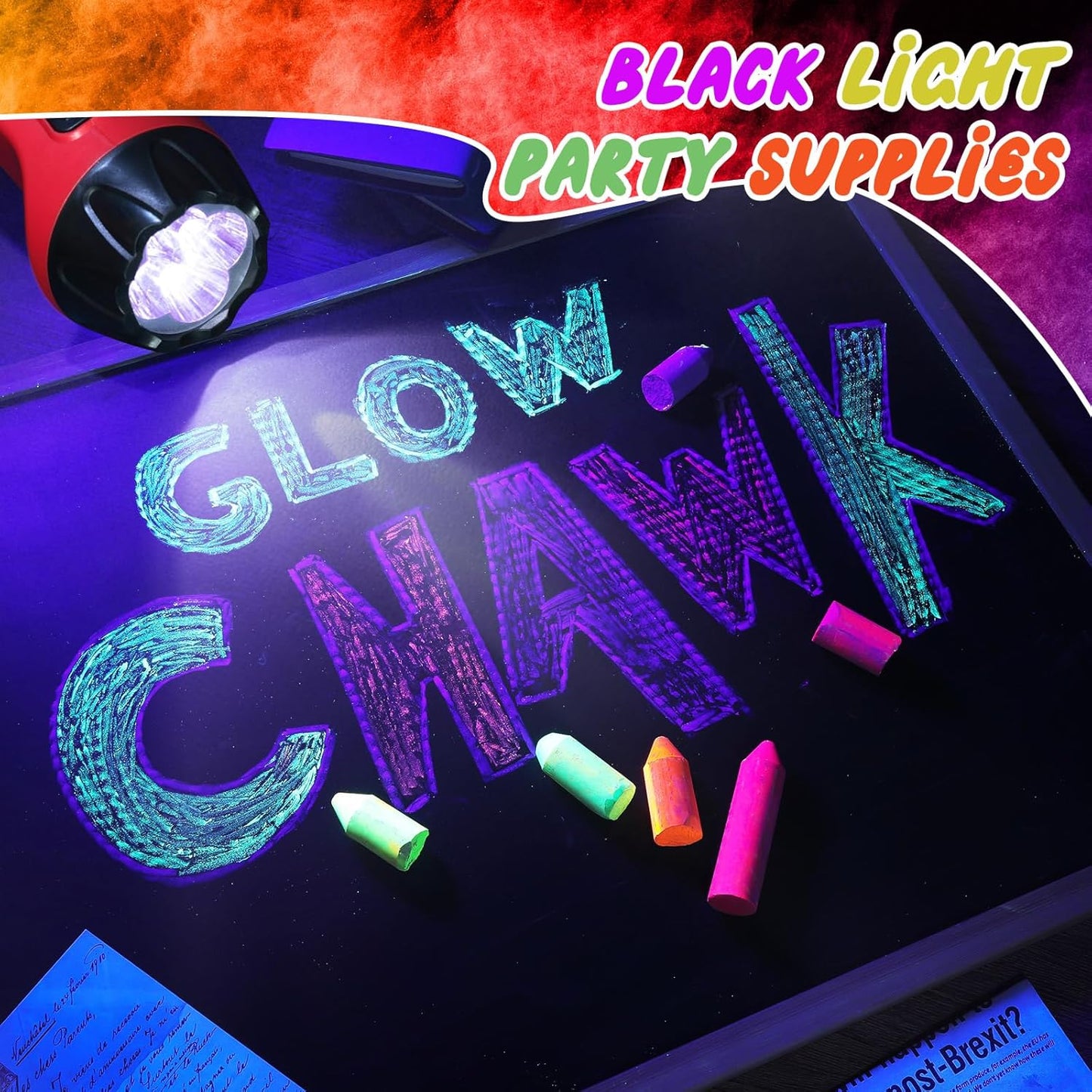 12 Pcs Glow in the Dark Chalk Under Blacklight, 6 Neon Colors Washable Dustless UV Sidewalk Chalk for Black Light Party Playground Chalkboard Birthday Gift and Outdoor Drawing (Crayon)