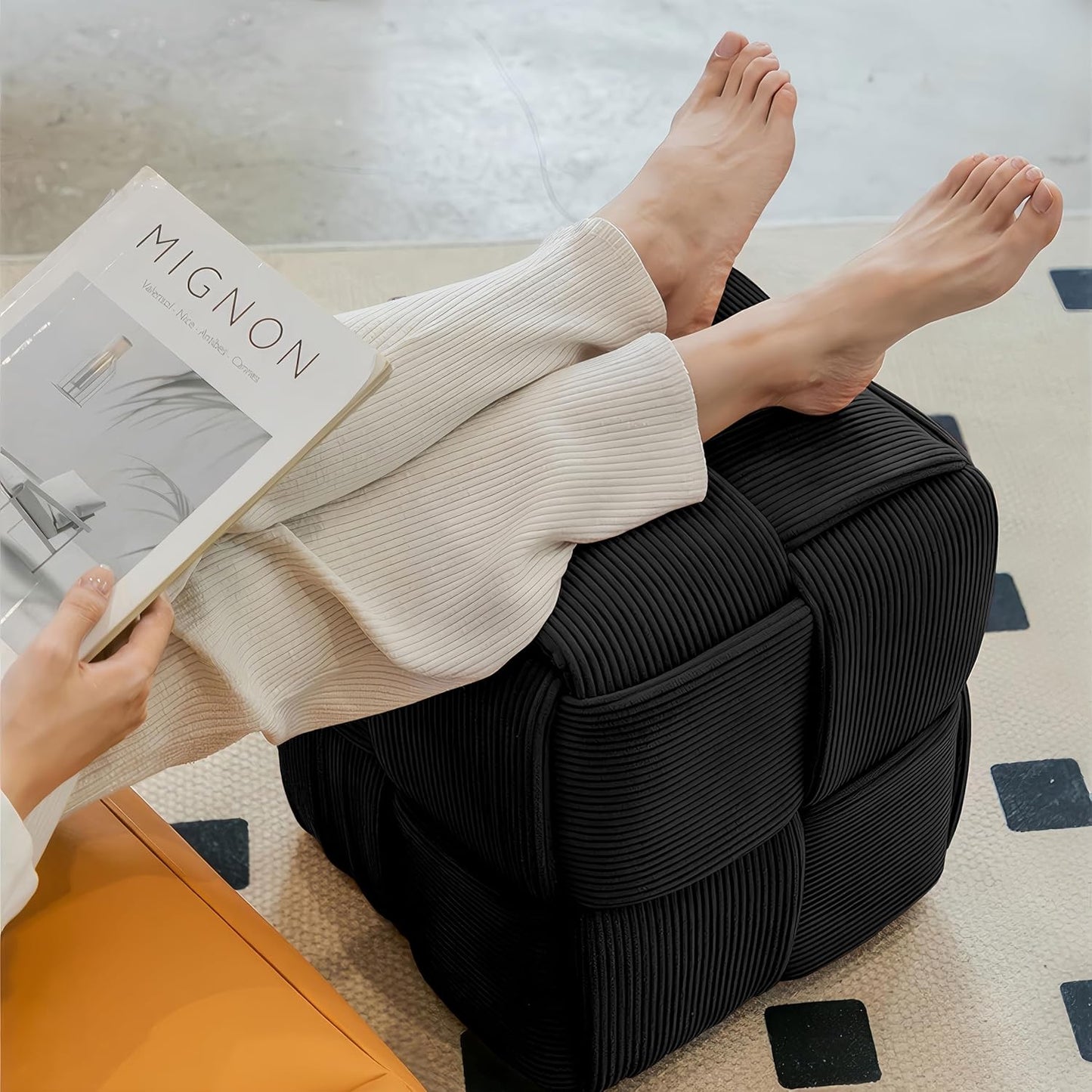 Ottoman Foot Rest Soft and Comfortable Ottoman Square Corduroy Woven Design Sofa Stool (Black)