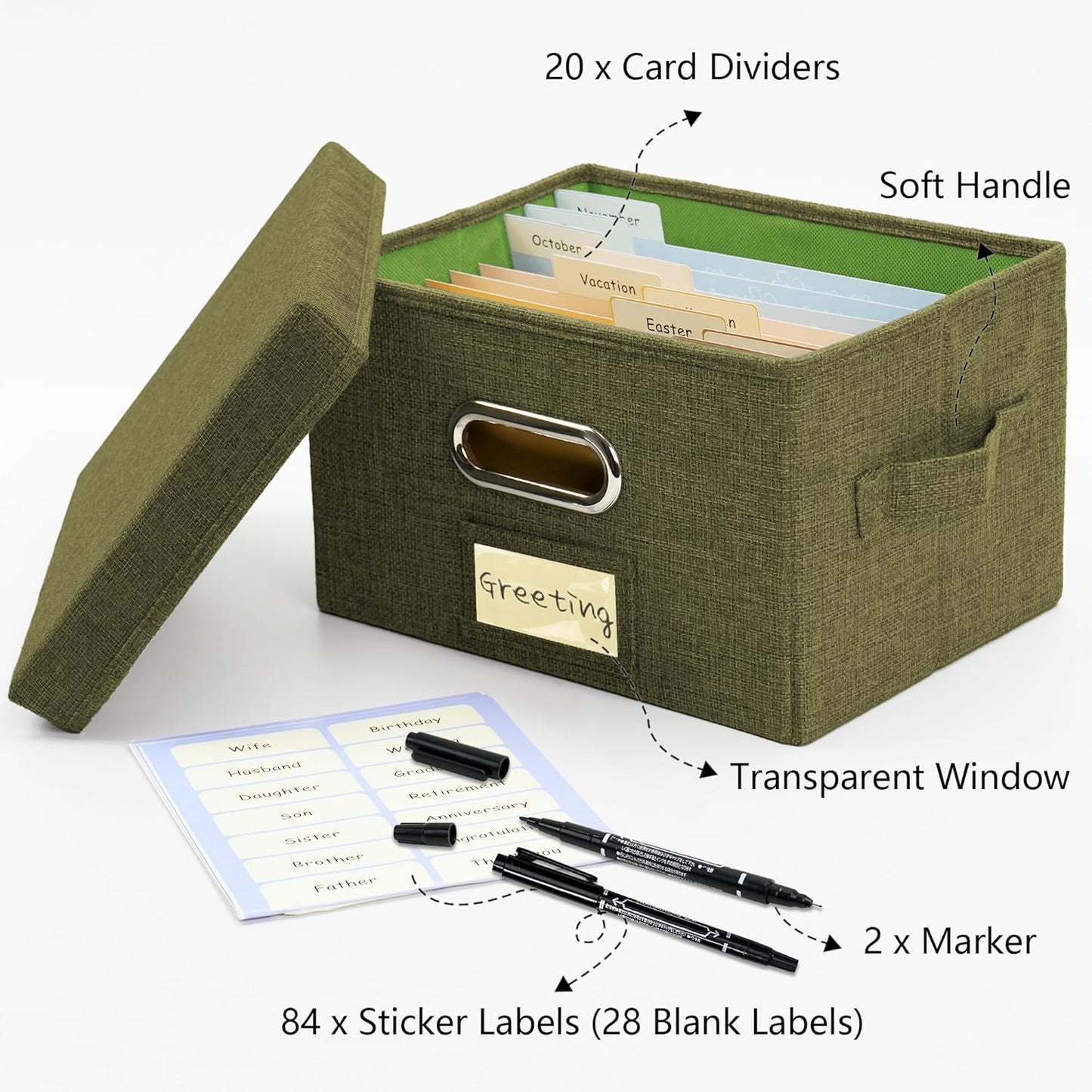 Greeting Card Organizer and Storage Box with 20 Pcs Adjustable Dividers, Storing Cards with 84 Pcs Labels Perfect for Storing Greeting Cards, Envelopes, Photos 1 Pack Olive Green