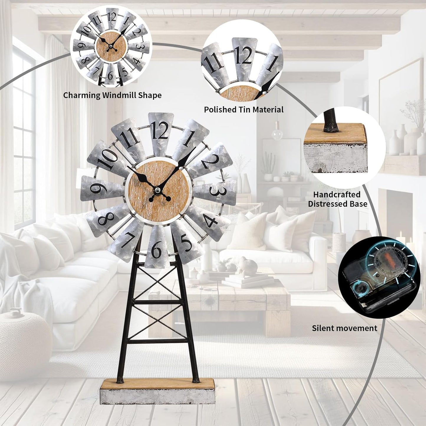MODE HOME Farmhouse Windmill Desk Clock - 15.75 Inch Galvanized Metal Table Clock with Blades, Small Decorative Office Clock, Battery Operated Rustic Farmhouse Clock for Tabletop & Shelf Decor