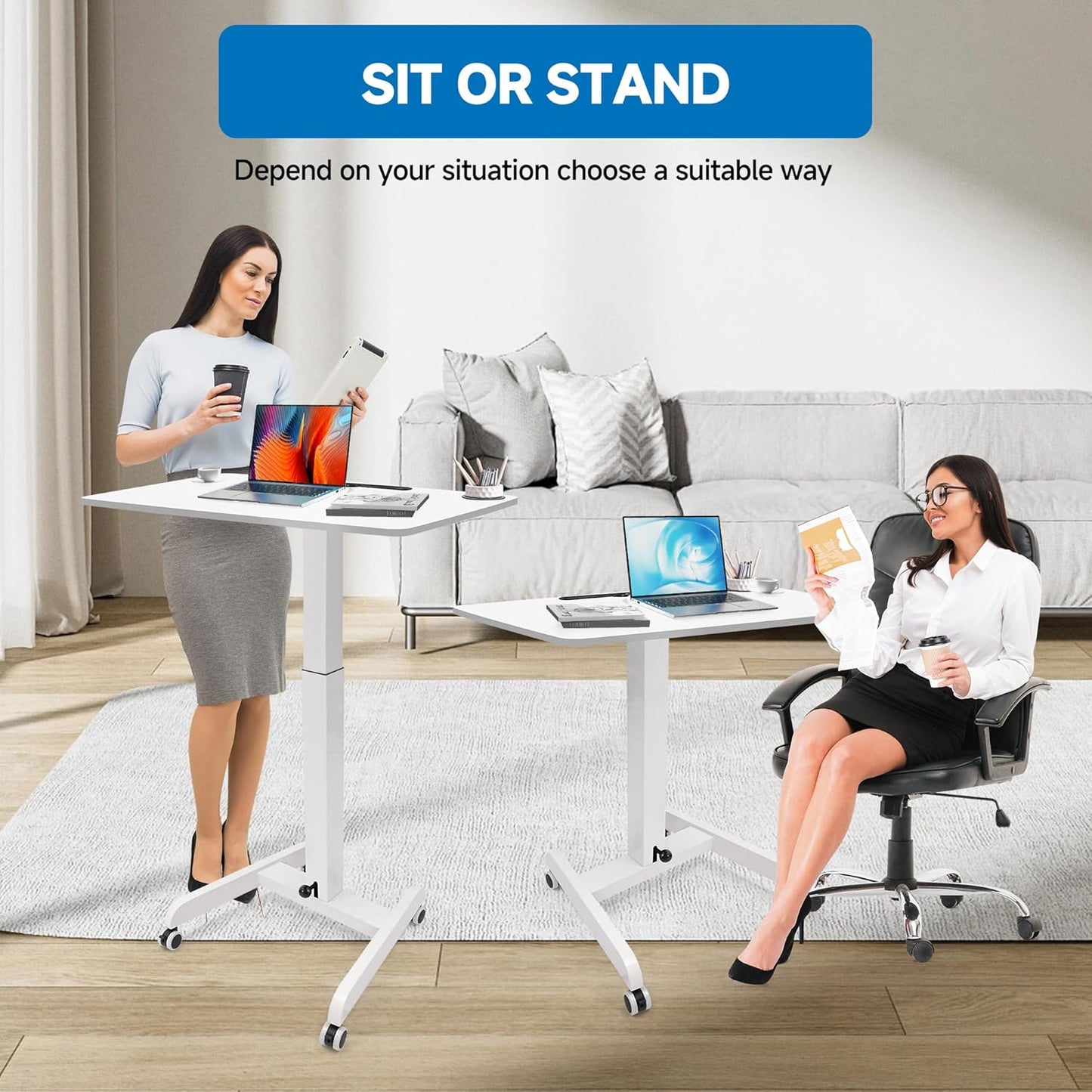 Rolling Laptop Desk Adjustable Height(29.5”- 43.7”)，Mobile Workstation Cart with 31.5" x 22.1"Desktop, Standing Desk Mobile Portable PC Table for Home,Office or Classroom in White