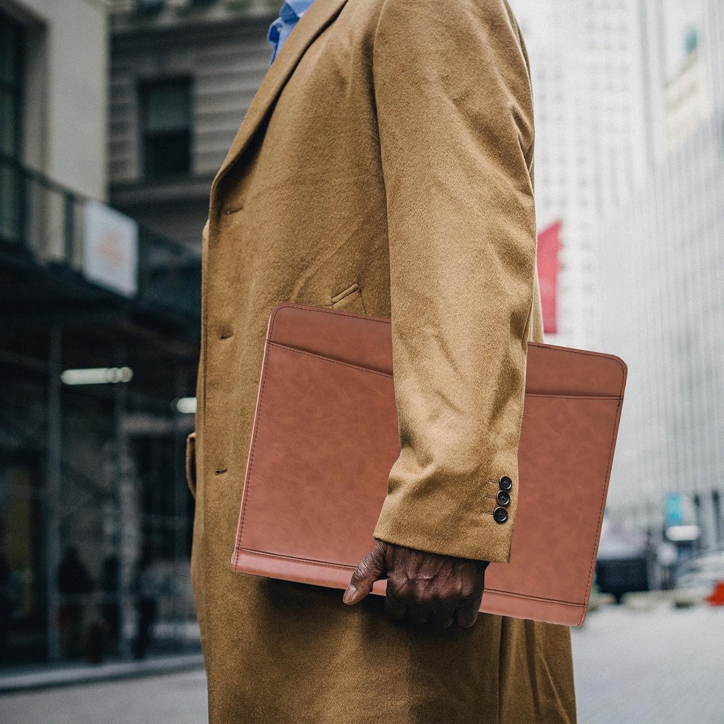 Vegan Leather Portfolio with Front Pocket for Men and Women, 8.5 x 11 Legal Pad Notepad Holder, Zippered Business Organizer, Professional Executive Letter Notebook Folder for Work, Brown