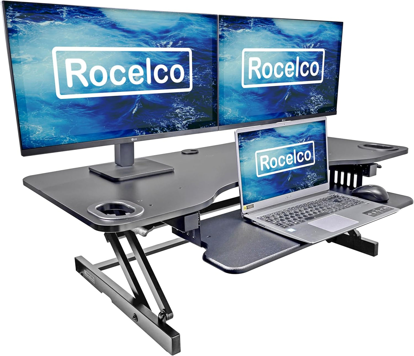 Rocelco 45" Height Adjustable Standing Desk Converter - Slide Out Retractable Keyboard Tray - Sit Stand Up Triple Monitor Riser - Dual Piston Lift Tabletop Computer Workstation - Black (R ADRB-45)