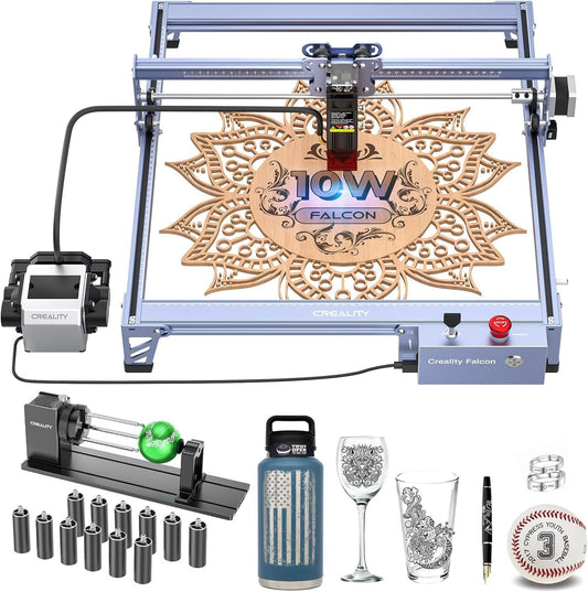 CREALITY FALCON 10w Laser Engraver with Air Assist, Laser Engraving Machine with Rotary Roller, 72W High Precision Laser Cutter and Engraver for Wood, Metal, Acrylic, Cylindrical Objects, Tumblers